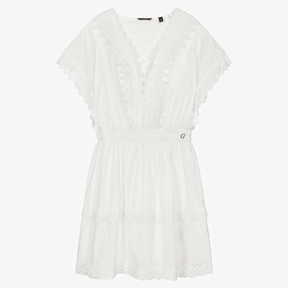 Guess - Teen Girls White Plumetis Cotton Dress | Childrensalon