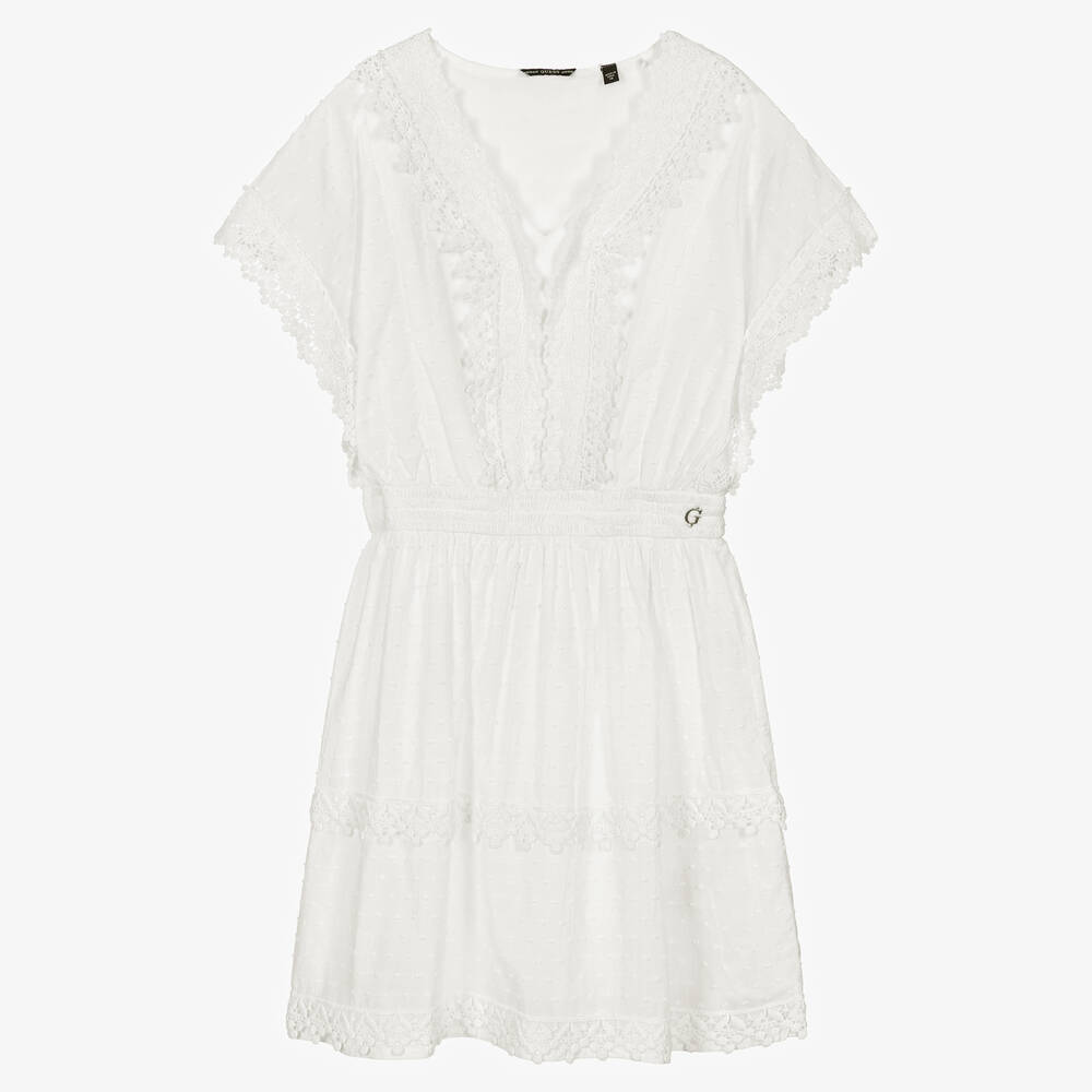 Guess - Robe blanche en coton plumetis ado | Childrensalon