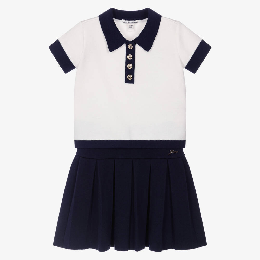 Guess-White And Navy Knitted Skirt Set | Childrensalon Outlet