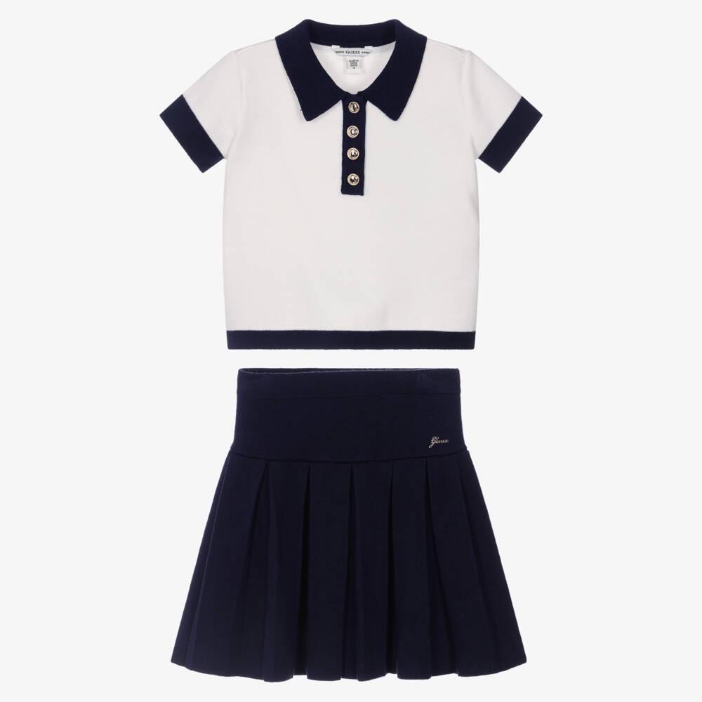 Guess-White And Navy Knitted Skirt Set | Childrensalon Outlet