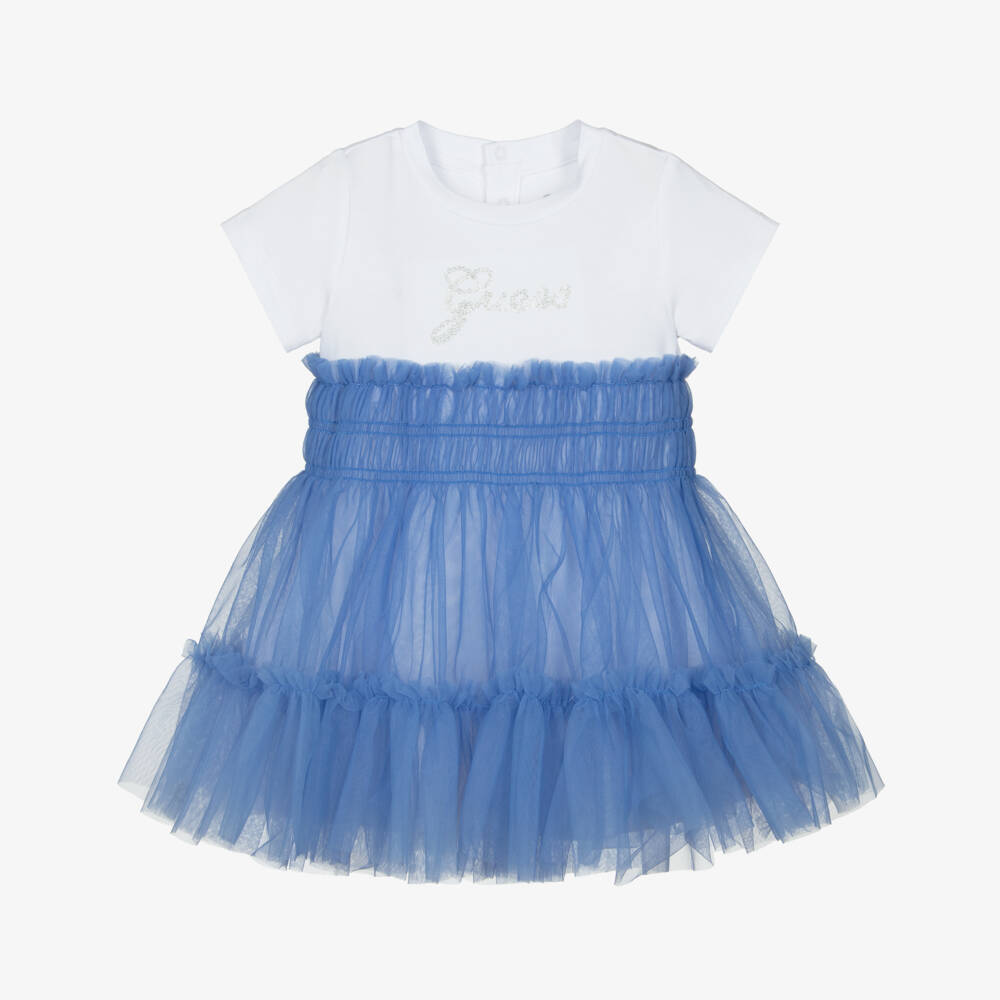 Guess-White & Blue Logo Tulle Dress | Childrensalon Outlet