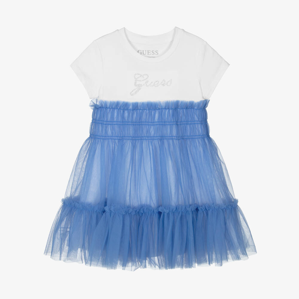 Guess-White & Blue Logo Tulle Dress | Childrensalon Outlet