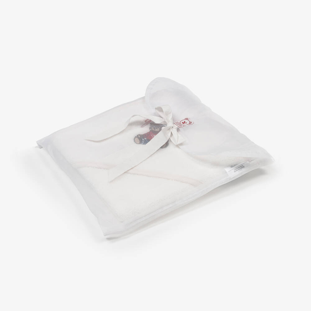 Guess-White Cotton Hooded Towel with Teddy Logo (70cm) | Childrensalon Outlet