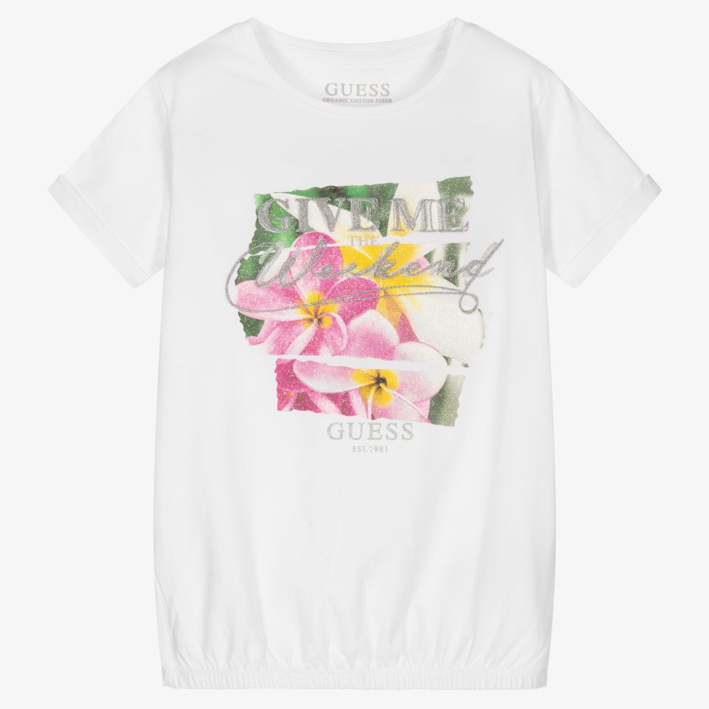 Guess - White Floral Logo T-Shirt | Childrensalon