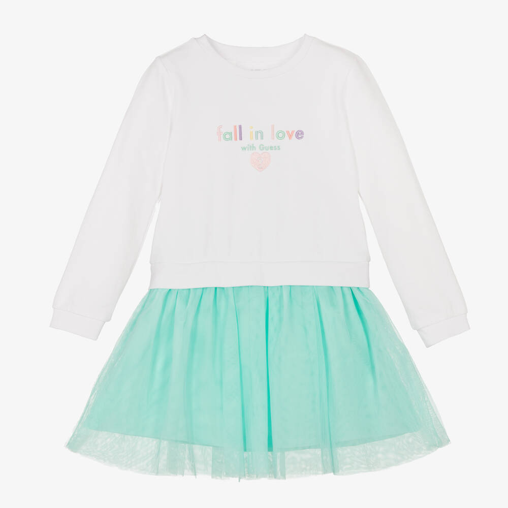 Guess - فستان قطن وتول لون أبيض وأخضر أكوا | Childrensalon