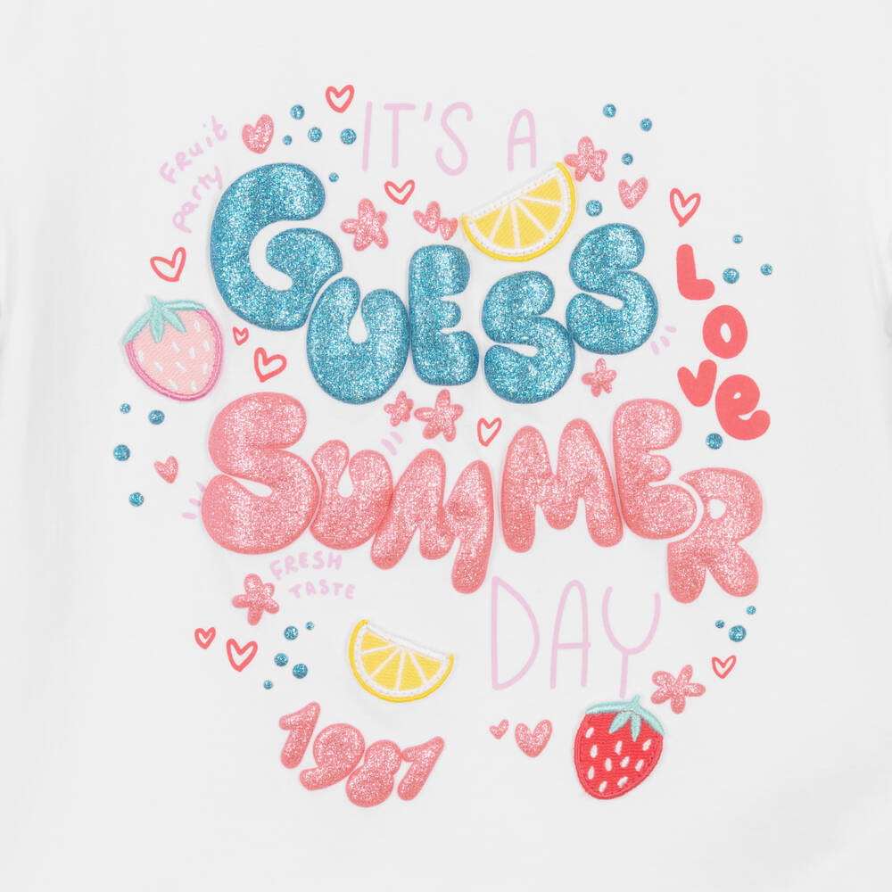 Guess-Белая футболка с оборками на рукавах и логотипом | Childrensalon Outlet