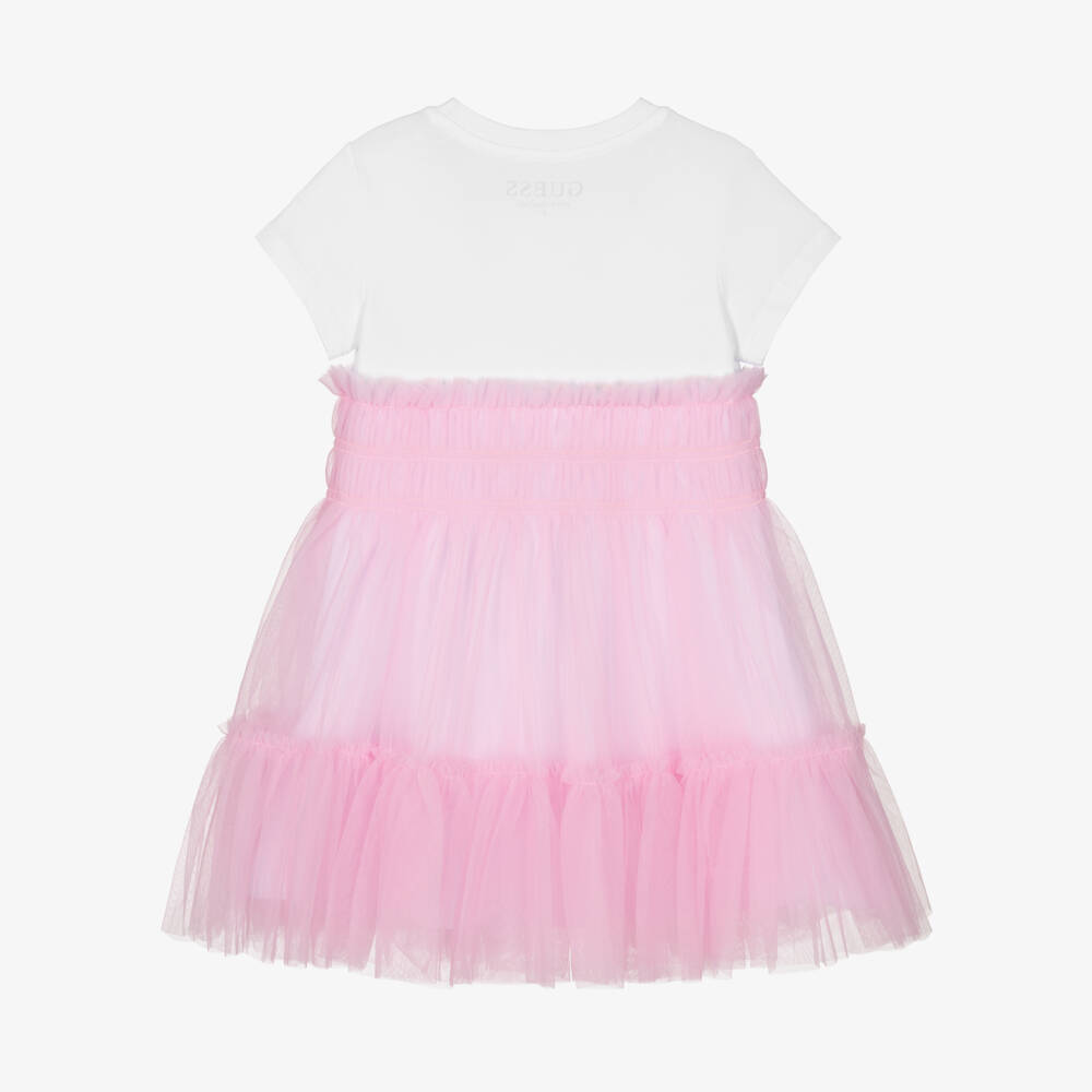 Guess-White & Pink Tulle Logo Dress | Childrensalon Outlet