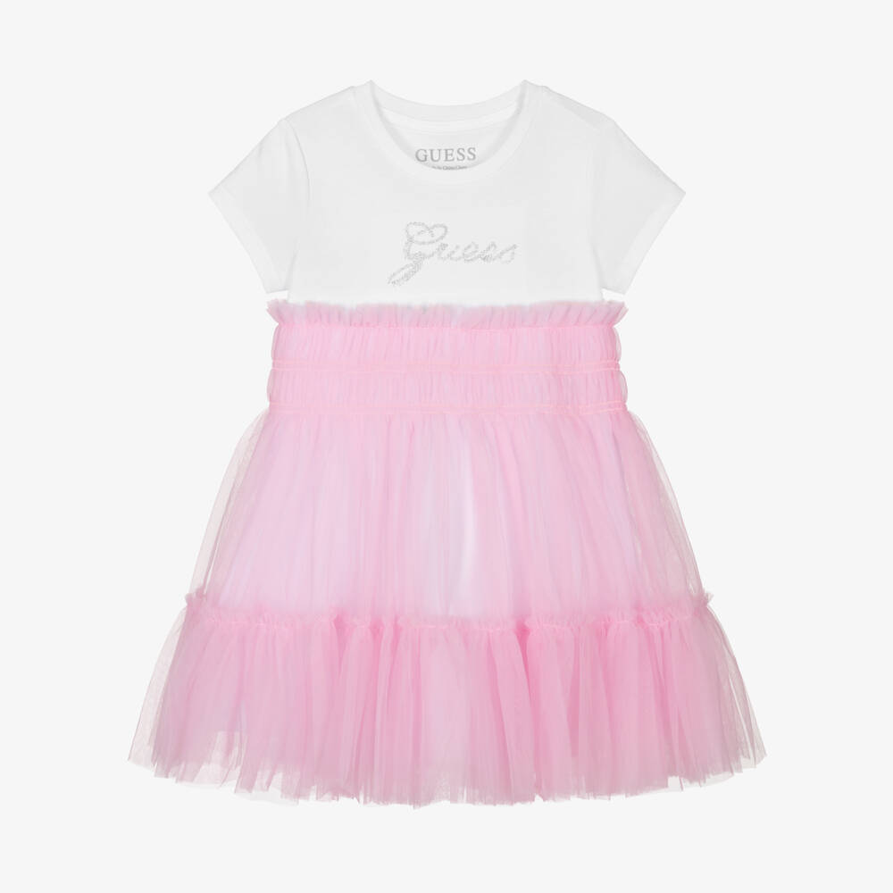 Guess-White & Pink Tulle Logo Dress | Childrensalon Outlet