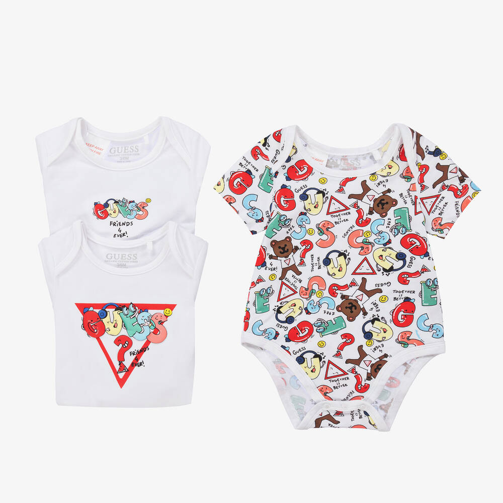 Guess - White Printed Bodyvests (3 Pack) | Childrensalon