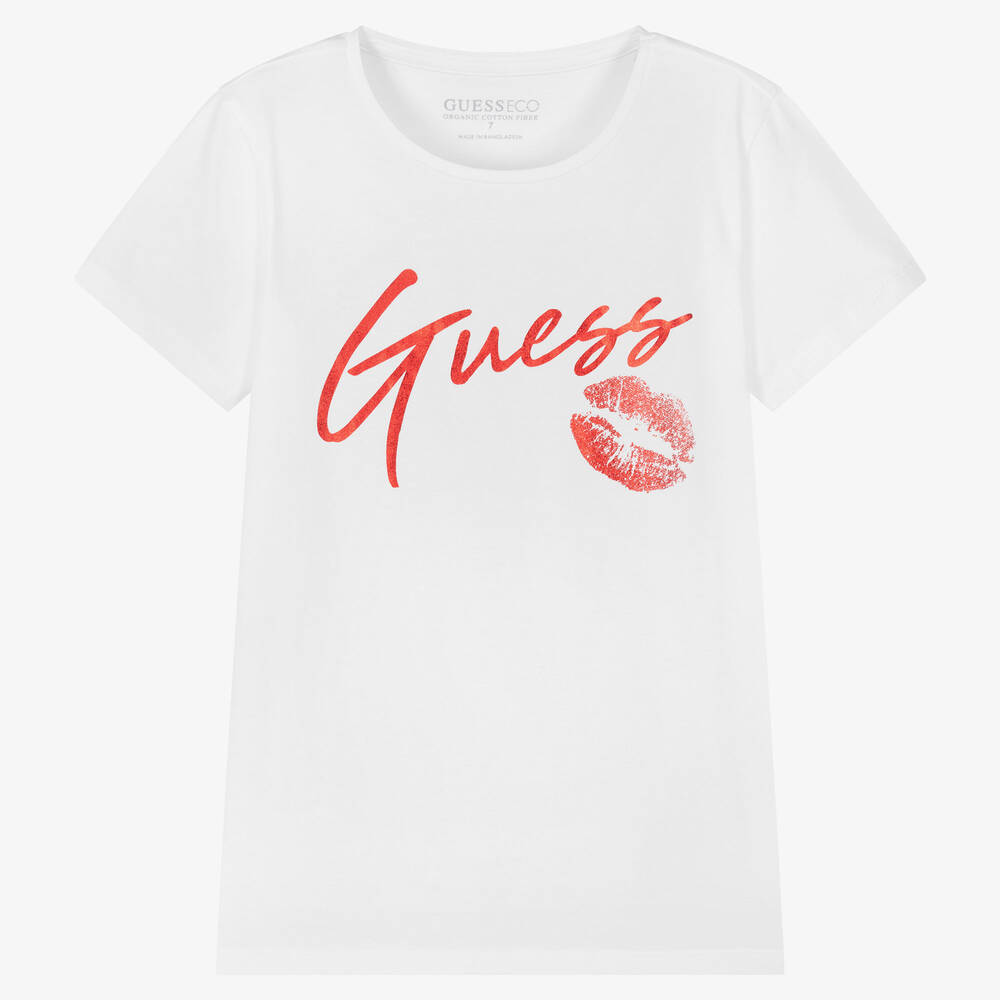 Guess - Белая футболка с красным блестящим логотипом | Childrensalon
