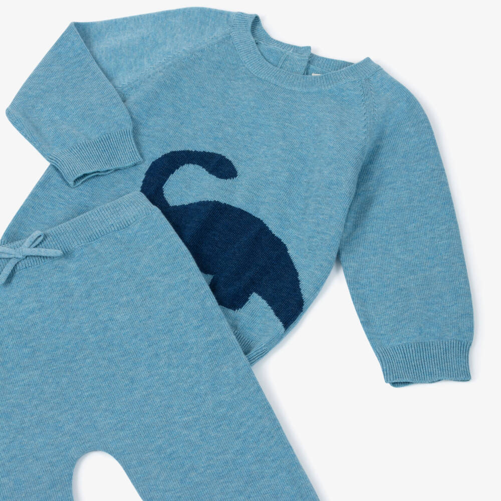 Hatley-Baby Boys Blue Cotton Knit Dinosaur Trouser Set | Childrensalon Outlet