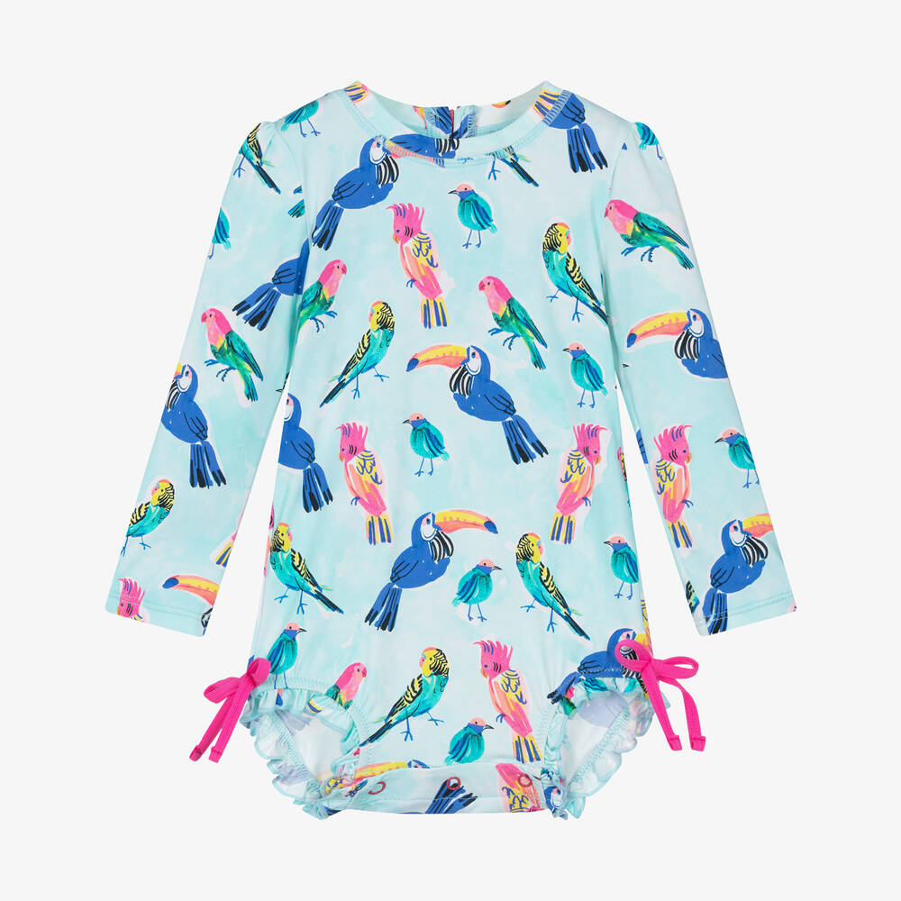 Hatley-Baby Girls Blue Tropical Bird Swimsuit (UPF50+) | Childrensalon Outlet