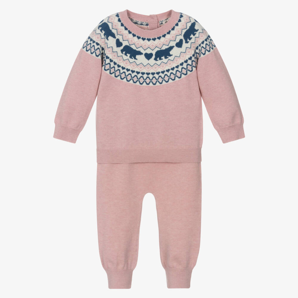Hatley-Baby Girls Pink Cotton Knit Fair Isle Trouser Set | Childrensalon Outlet