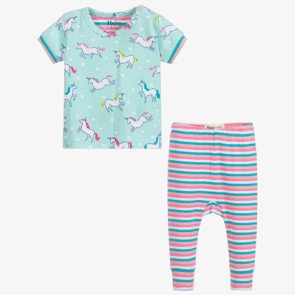 هاتلي-بيجاما قطن عضوي لون أزرق تركواز وزهري للمولودات | Childrensalon Outlet