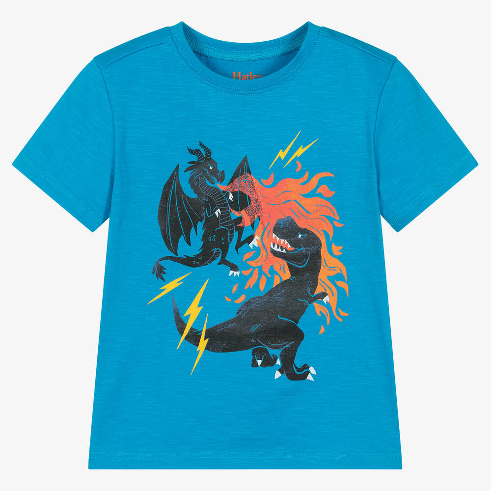 Hatley - Голубая хлопковая футболка с драконом и динозавром | Childrensalon