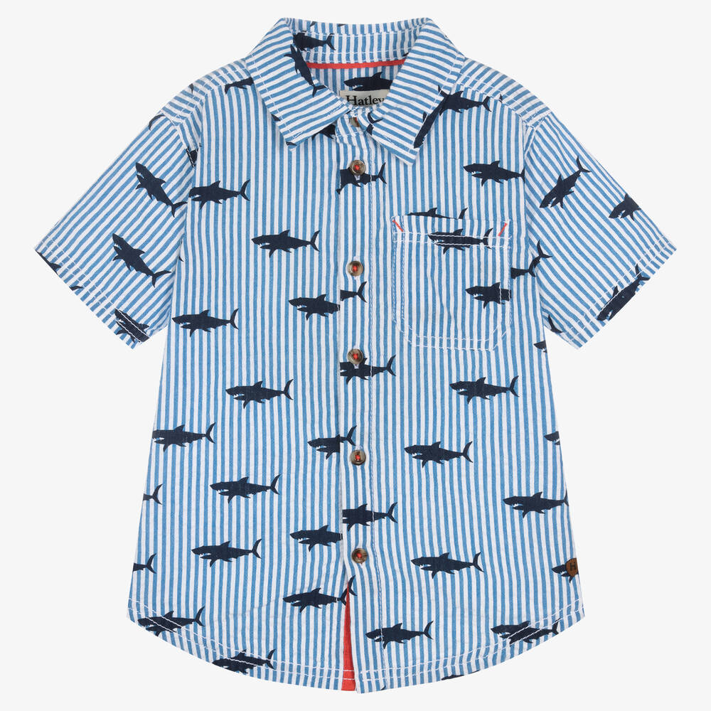 Hatley - Голубая хлопковая рубашка в полоску с акулами | Childrensalon