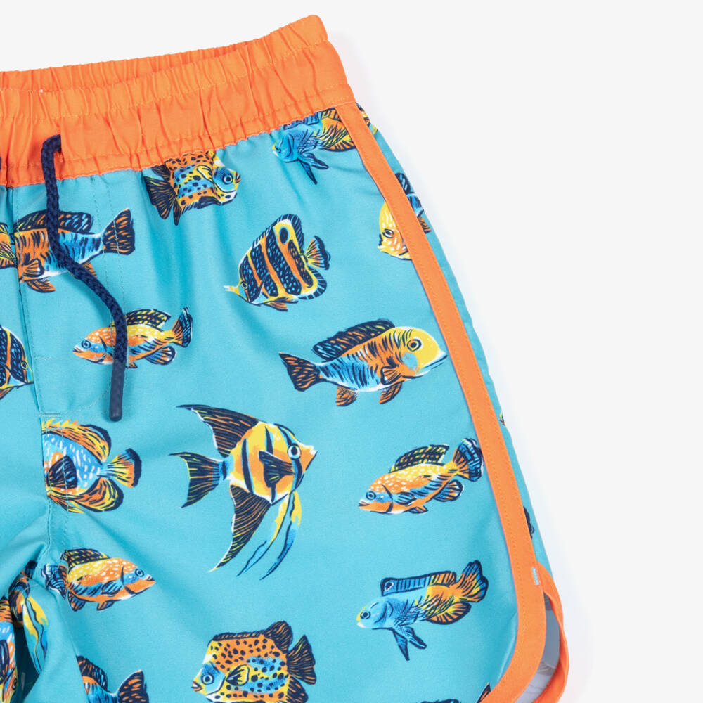Hatley-Boys Blue Fish Swim Shorts with Orange Trim | Childrensalon Outlet