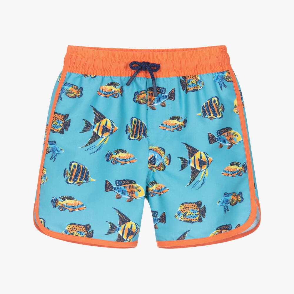 Hatley-Boys Blue Fish Swim Shorts with Orange Trim | Childrensalon Outlet