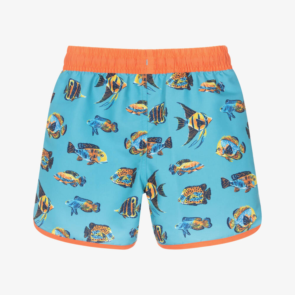Hatley-Boys Blue Fish Swim Shorts with Orange Trim | Childrensalon Outlet