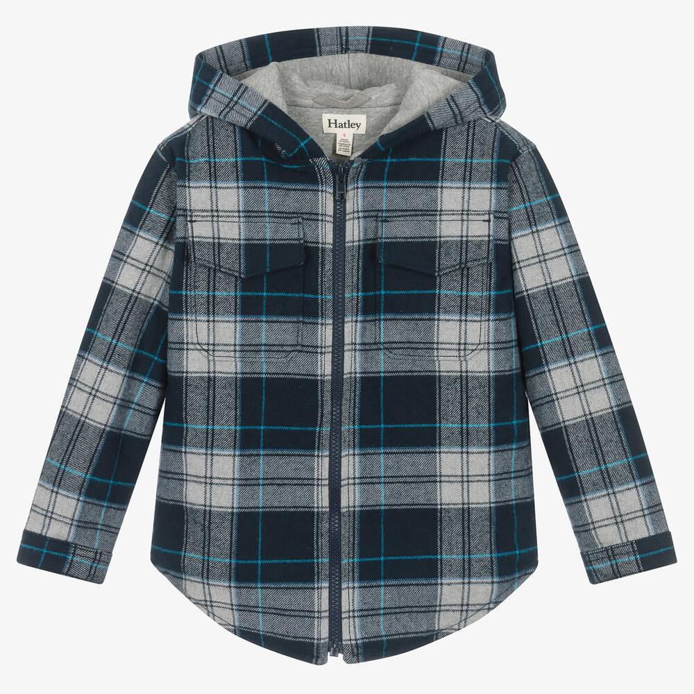 Hatley - Boys Blue & Grey Check Hooded Jacket | Childrensalon
