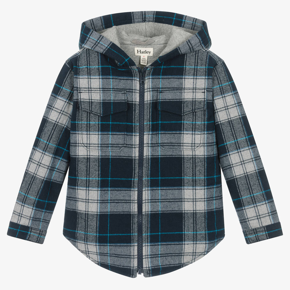Hatley-Boys Blue & Grey Check Hooded Jacket | Childrensalon Outlet