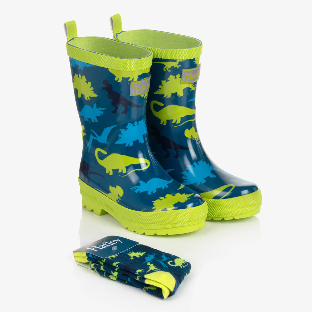 Hatley - Boys Blue Real Dinos Rain Boots & Socks | Childrensalon