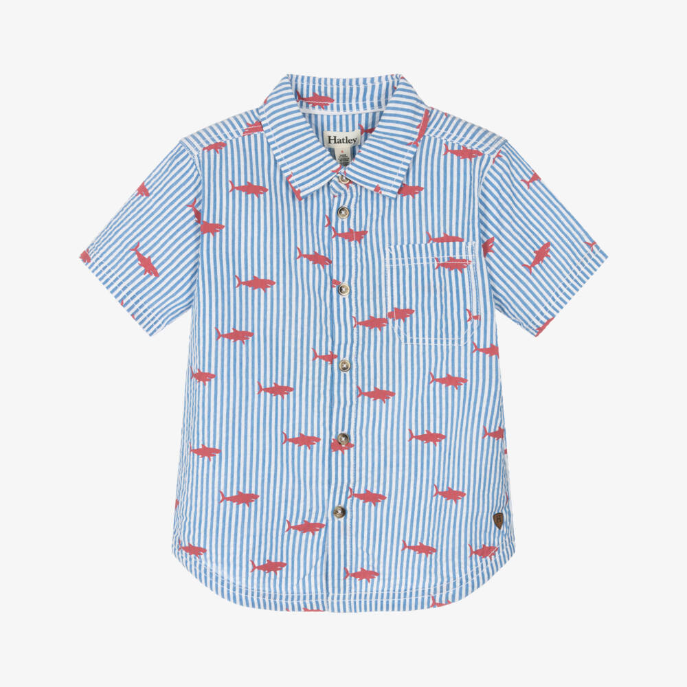 Hatley-قميص أولاد أزرق من قماش سييرساكر بنقشة القرش | Childrensalon Outlet