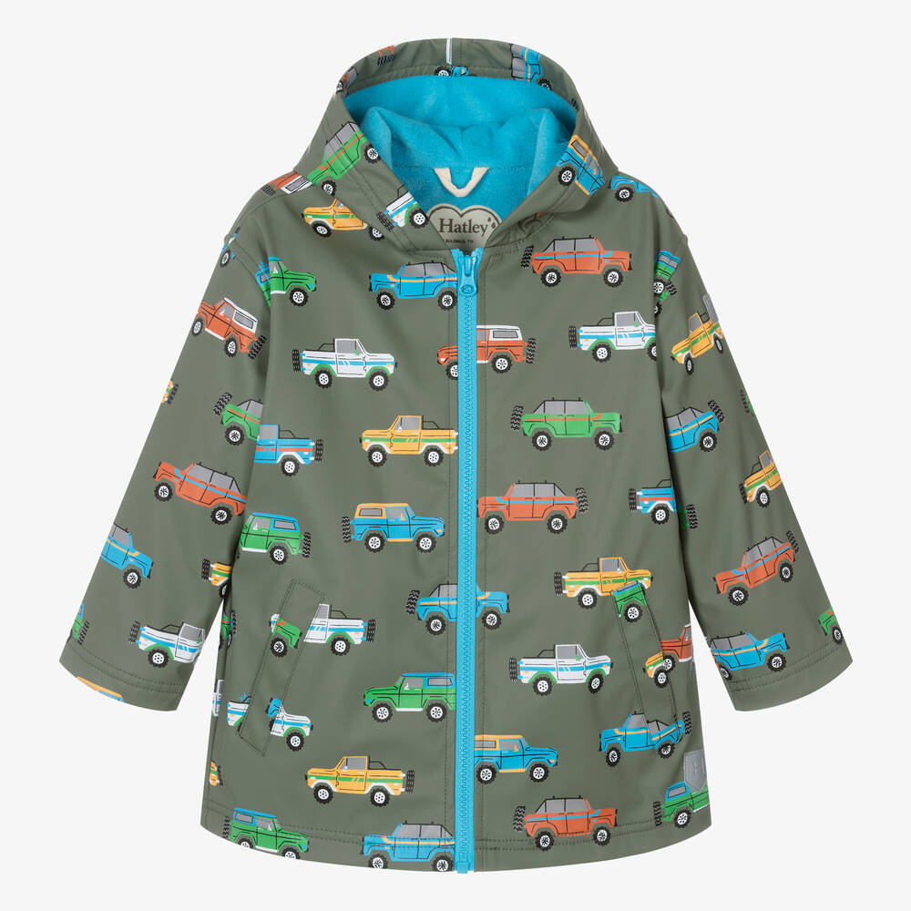 Hatley-Boys Green Cars Hooded Raincoat | Childrensalon Outlet