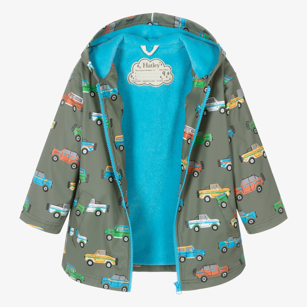 Hatley-Boys Green Cars Hooded Raincoat | Childrensalon Outlet