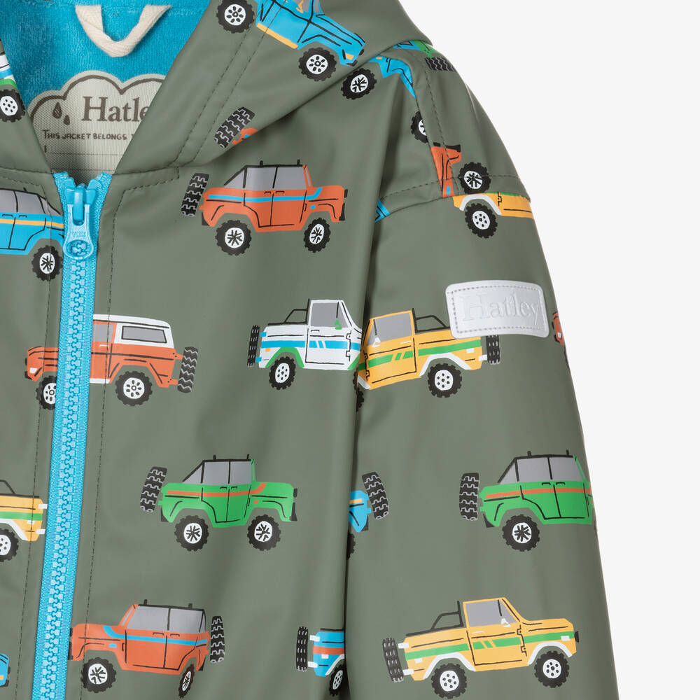 Hatley-Boys Green Cars Hooded Raincoat | Childrensalon Outlet