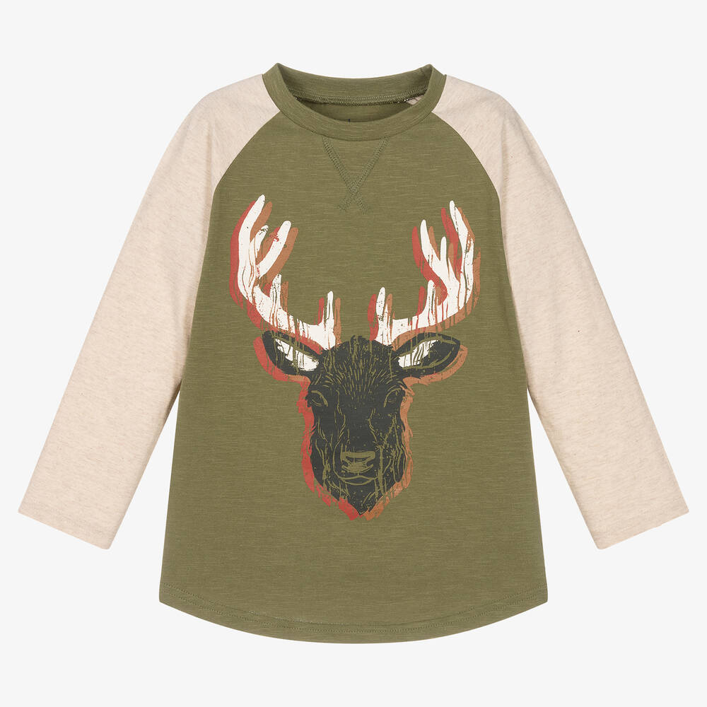 Hatley - Boys Green Cotton Raglan Elk Top | Childrensalon