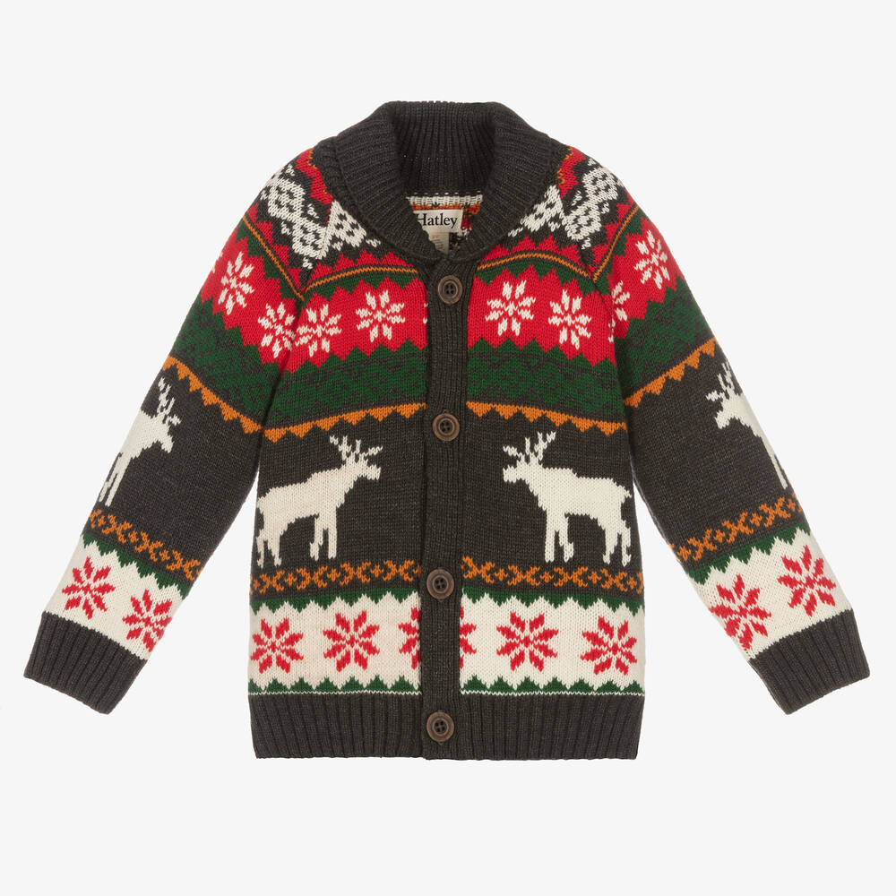 Hatley - Boys Grey Holiday Stag Knitted Cardigan | Childrensalon