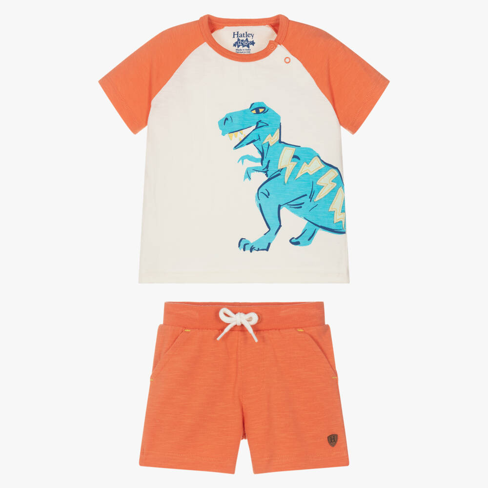 Hatley-Boys Ivory & Orange Cotton Dinosaur Shorts Set | Childrensalon Outlet
