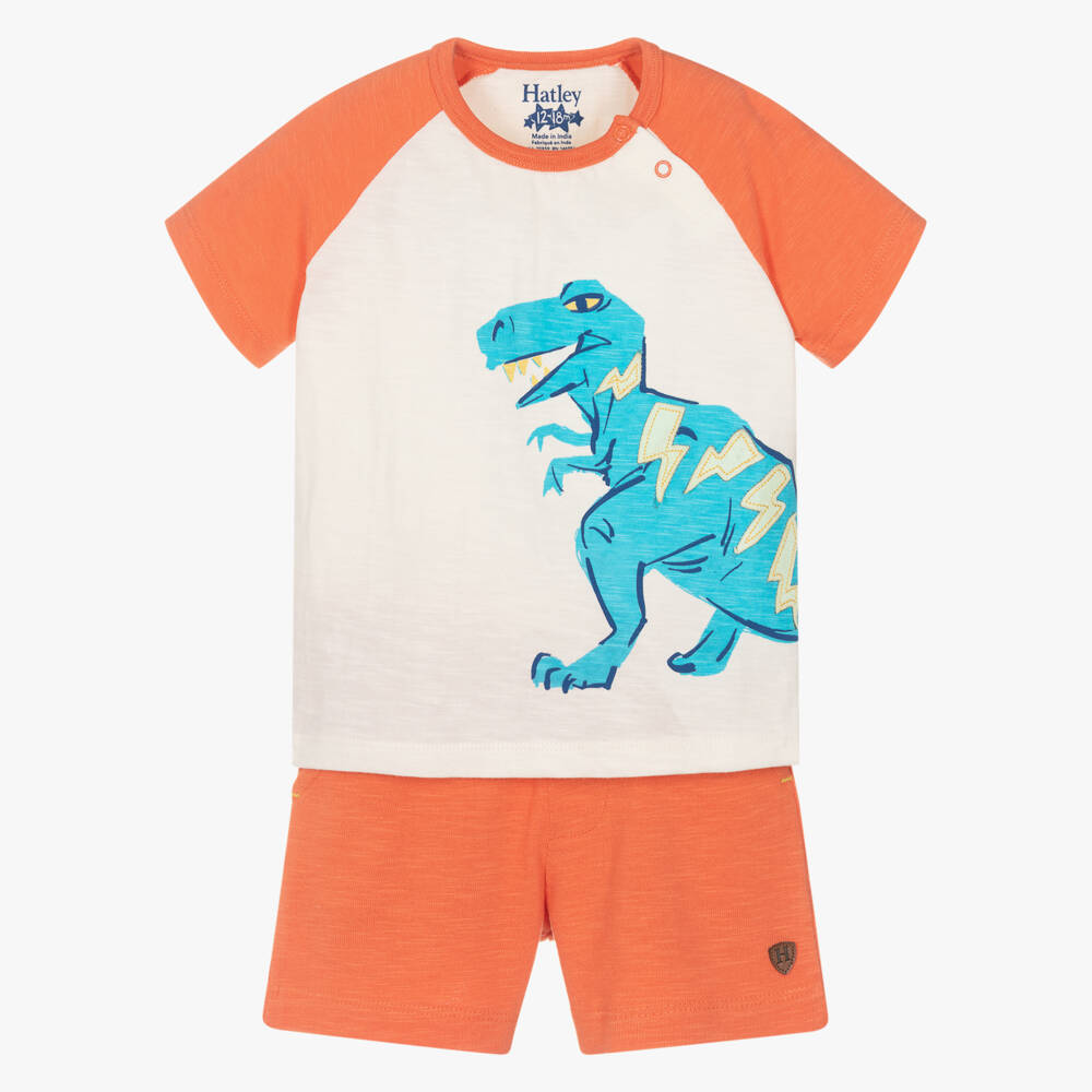 Hatley-Boys Ivory & Orange Cotton Dinosaur Shorts Set | Childrensalon Outlet