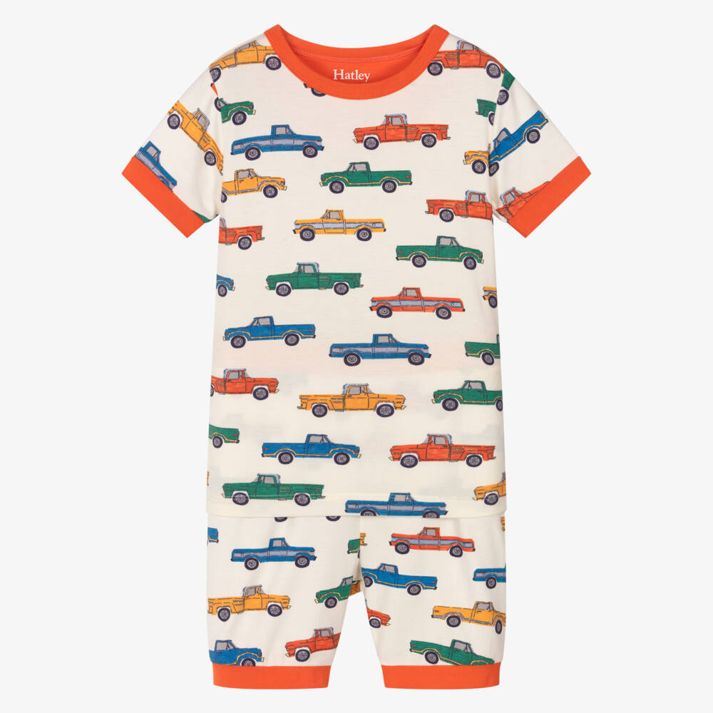 Hatley-Boys Ivory & Orange Truck Print Jersey Short Pyjamas | Childrensalon Outlet
