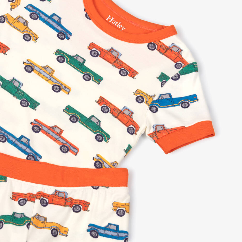 Hatley-Boys Ivory & Orange Truck Print Jersey Short Pyjamas | Childrensalon Outlet
