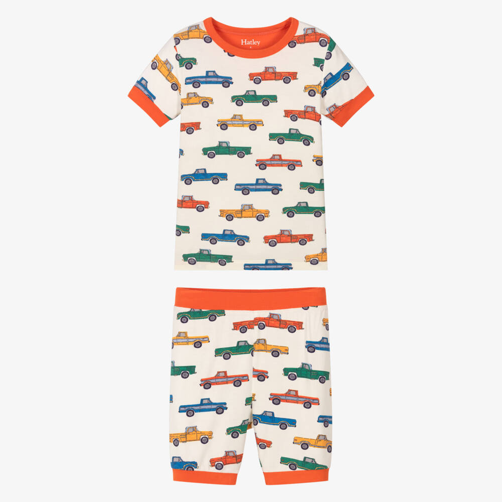 Hatley-Boys Ivory & Orange Truck Print Jersey Short Pyjamas | Childrensalon Outlet