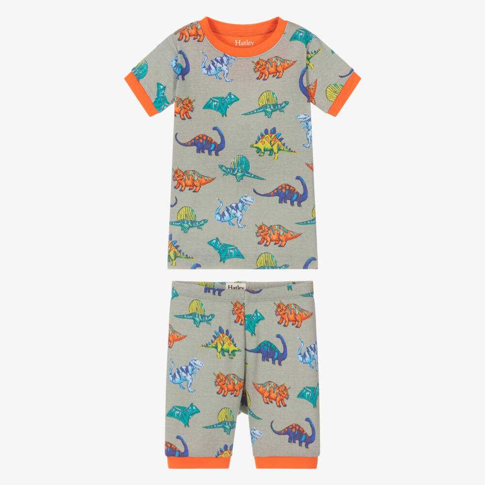 Hatley-Boys Khaki Green Organic Cotton Dinosaur Print Short Pyjamas | Childrensalon Outlet