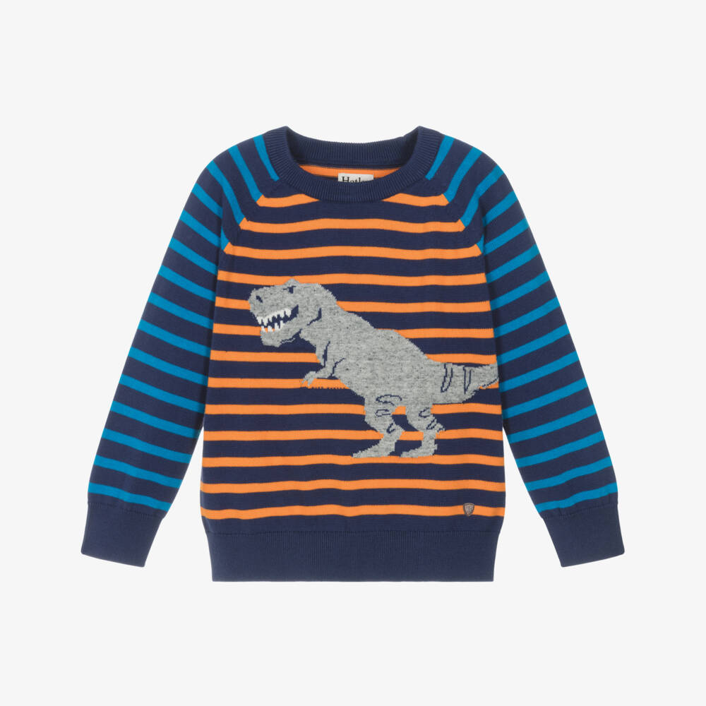 Hatley-Boys Navy Blue Striped Cotton Knit Dinosaur Sweater | Childrensalon Outlet