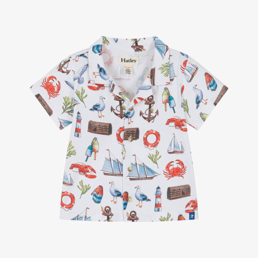 Hatley-Boys White Cotton Jersey Ocean Prints Shirt | Childrensalon Outlet
