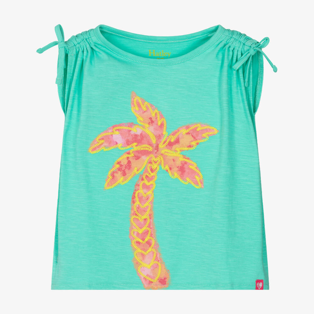Hatley-بلوزة بنات بلون أخضر مائي بنقشة النخيل | Childrensalon Outlet