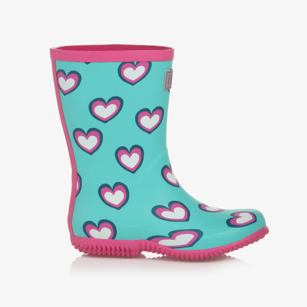 Hatley-Girls Aqua Heart Print Wellies | Childrensalon Outlet