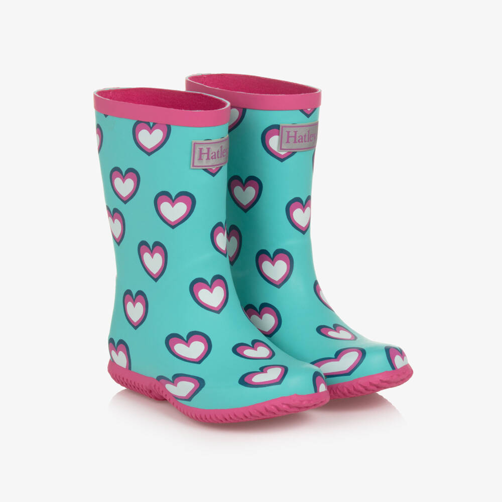Hatley-Girls Aqua Heart Print Wellies | Childrensalon Outlet