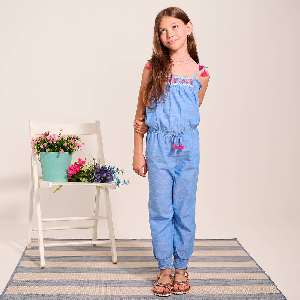 Hatley-Girls Blue Embroidered Cotton Jumpsuit | Childrensalon Outlet