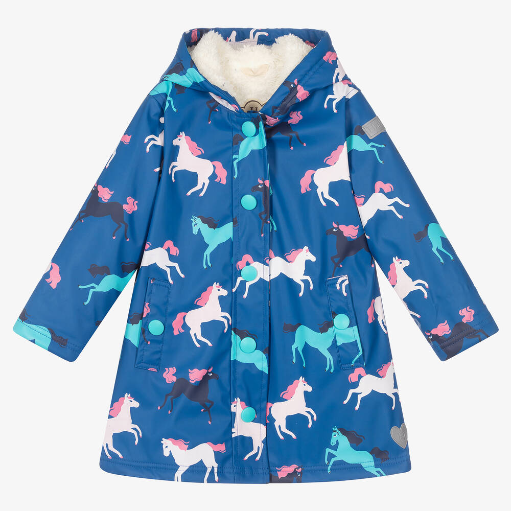 Hatley - Girls Blue Horses Raincoat | Childrensalon