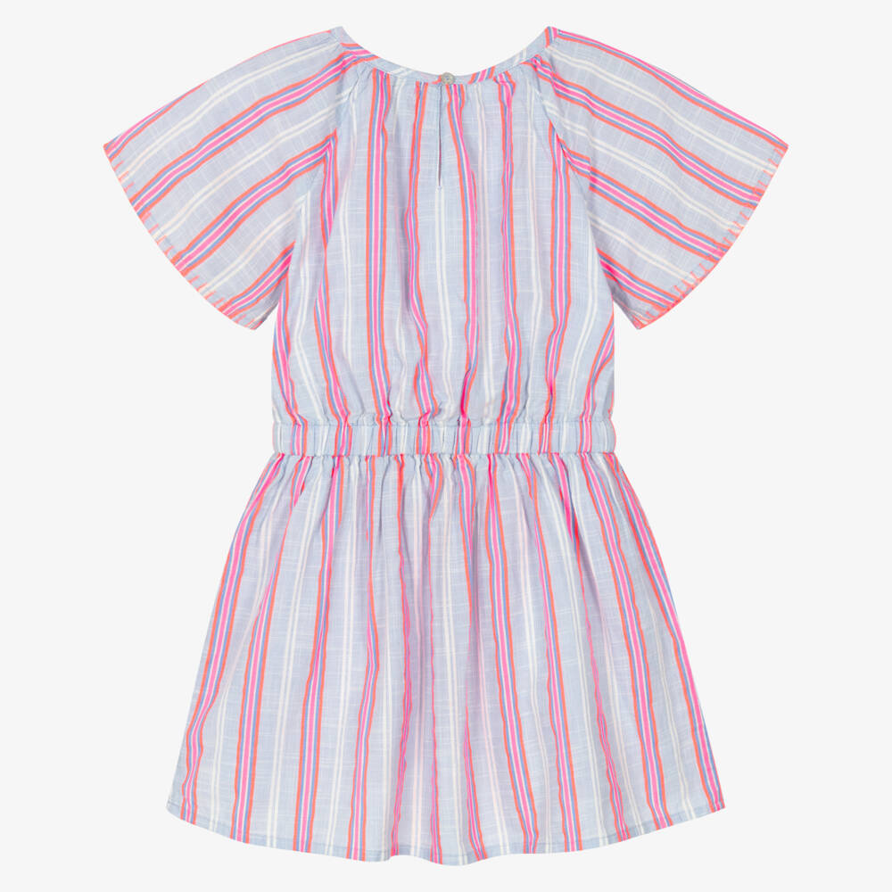 Hatley-Girls Blue & Neon Pink Striped Cotton Dress | Childrensalon Outlet