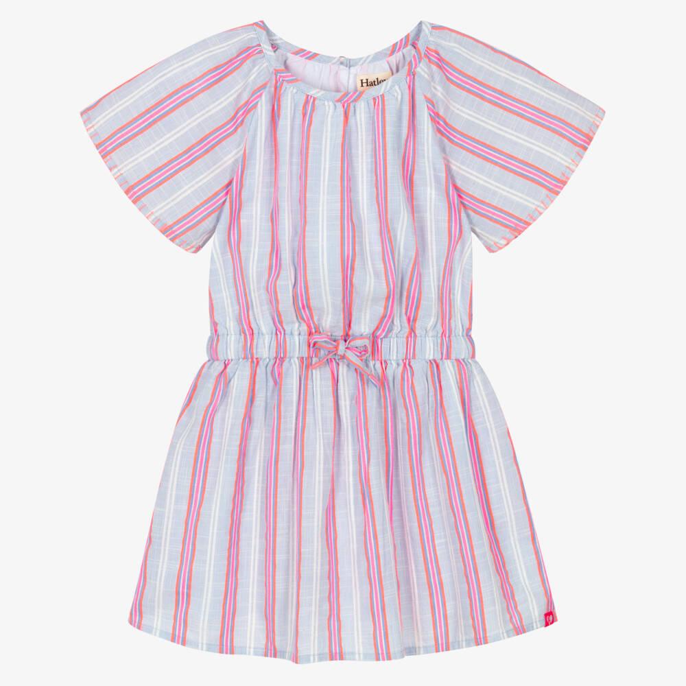 Hatley-Girls Blue & Neon Pink Striped Cotton Dress | Childrensalon Outlet