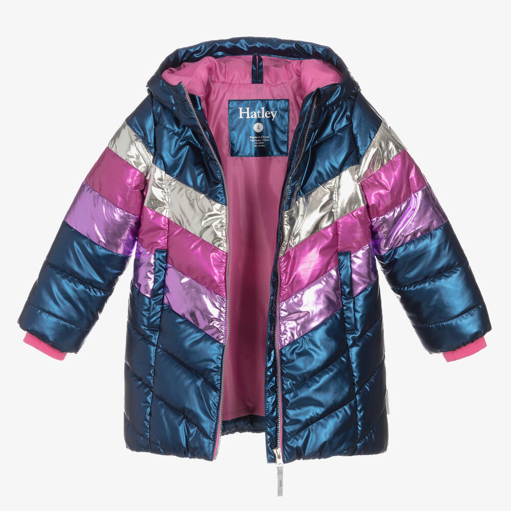 Hatley Girls Blue Pink Hooded Puffer Coat Childrensalon Outlet