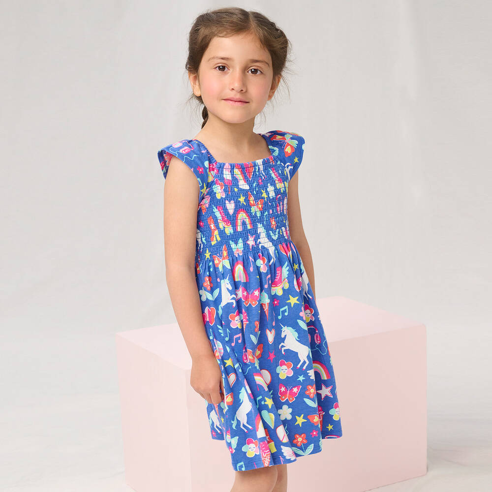 Hatley-Girls Blue & Pink Shirred Cotton Dress | Childrensalon Outlet
