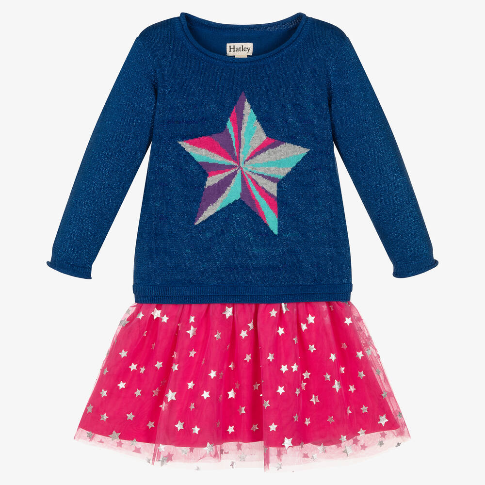 Hatley - فستان قطن محبوك وتول لون أزرق وزهري | Childrensalon